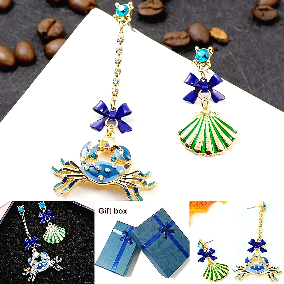 Gold Blue And Green Crystal Bow Crab Seashell Earrings 28$